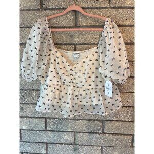 Arula Womens Ivory/Black Puff Sleeve Top With Bow Print Size 2X Polyester Blend